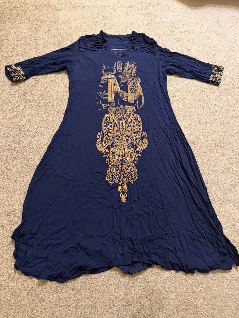 Navy Maxi Dress with Gold Egyptian Motif